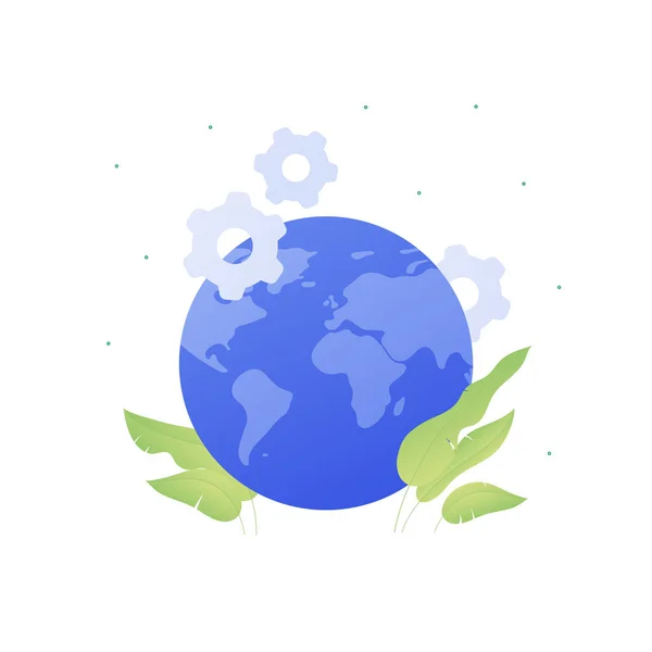 生态学科学行星标志的概念。 矢量平伏。 地球蓝色地球与齿轮轮和绿色叶子标志隔离在白色。 横幅,背景,网络,信息的设计元素. — 图库矢量图片