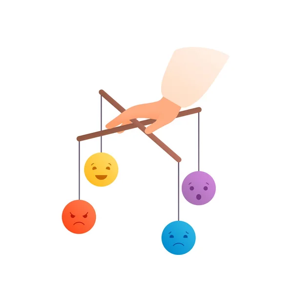 Emotionele intelligentie concept. Vector vlakke llustratie. Hand vasthouden marionet emoji tekenen marionet van woede, gelukkig, angst en droevige emotie. Design element voor banner, achtergrond, web, infographic. — Stockvector
