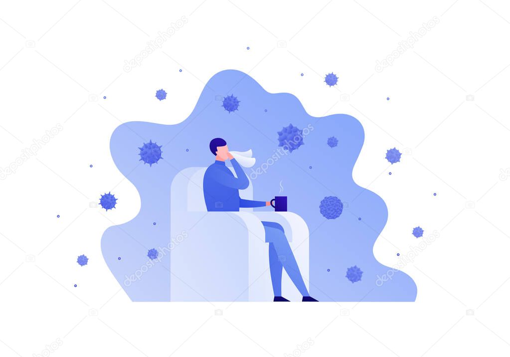 Flu illness concept. Vector flat person illustration. Male in sofa with handkerchief and hot cup isolated on white. Design people elements for medicine banner, poster, background, web, infographic.