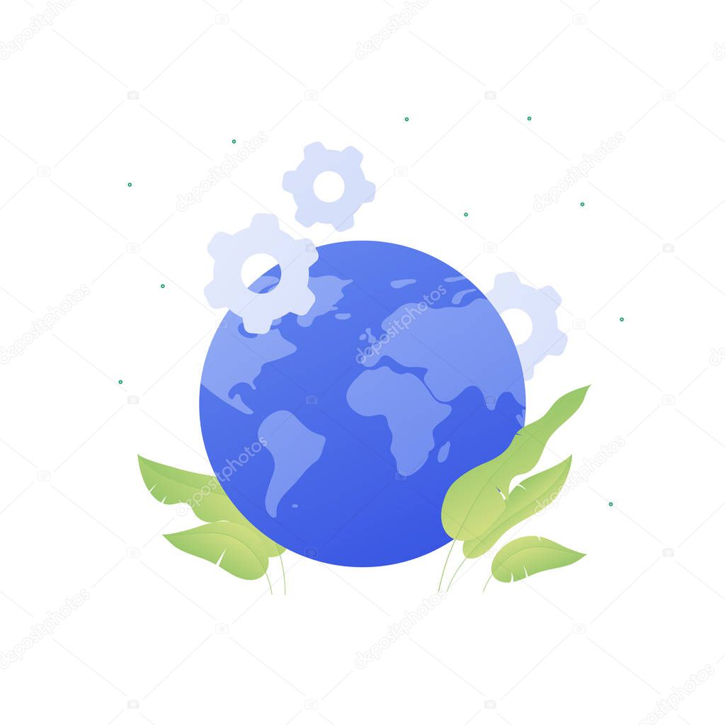 Ecology science planet logo concept. Vector flat llustration. Earth blue globe with gear wheel and green leaf sign isolated on white. Design element for banner, background, web, infographic.