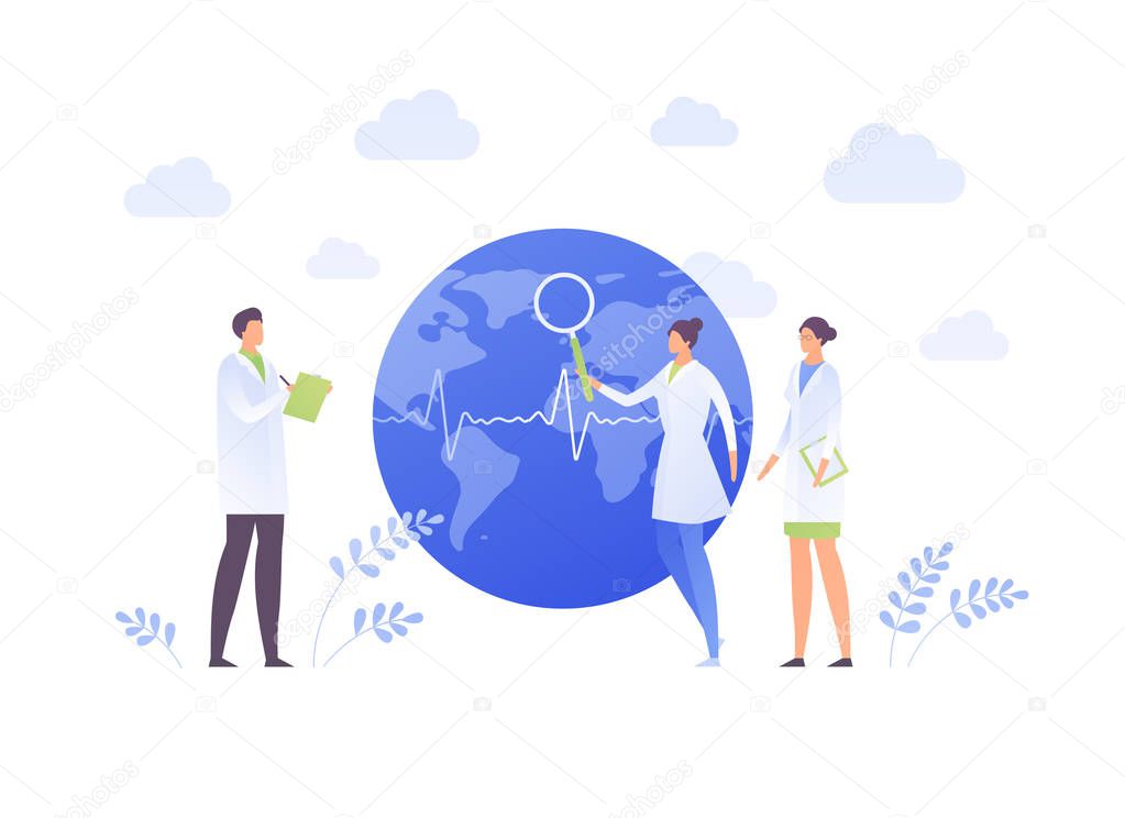 Enviroment ecology science concept. Vector flat people llustration. Scientist team of male and female study planet blue earth globe on white. Design element for banner, background, web, infographic.