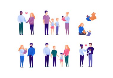 Çocuk konseptiyle mutlu bir aile. Vektör düz kişi illüstrasyon seti. Farklı ırktan ve yaştan insanların toplanması. Anne ve baba ve bebek. Pankart için tasarım öğesi, poster. arkaplan.