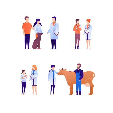 Doktor ve hasta veteriner konsepti. Vektör düz tıbbi kişi çizim seti. Hayvan bakıcısı olan insanlar. Köpek, kedi ve inek. Pankart ve poster için tasarım ögesi.