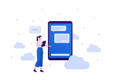 Teknoloji sohbet robotu konsepti. Vektör düz insan modern illüstrasyon. Beyaz arka planda konuşma baloncuğu işareti olan akıllı telefon cihazlı bir kadın. Pankart ve poster için tasarım ögesi.