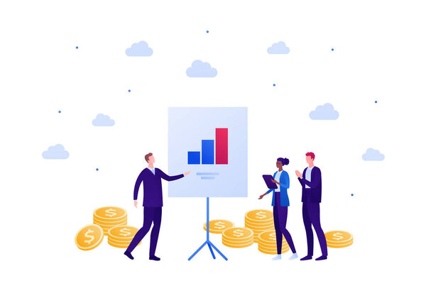 Business finance teamwork concept. Vector flat person illustration. Businessman make presentation to people of different ethnics. Column diagram and money sign. Design element for banner, background.