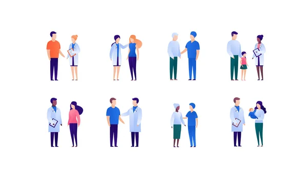 Doctor and patient support concept. Vector flat medical person illustration set. Collection of different young, adult and senior people. Doctor medicine profession. Design element for banner, poster. — 스톡 벡터