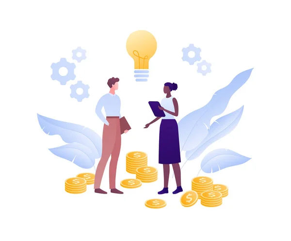 Business cooperation idea brainstorm concept. Vector flat person illustration. Afro businesswoman and man standing with lightbulb sign. Design element for banner, poster, web background, infographic — 스톡 벡터