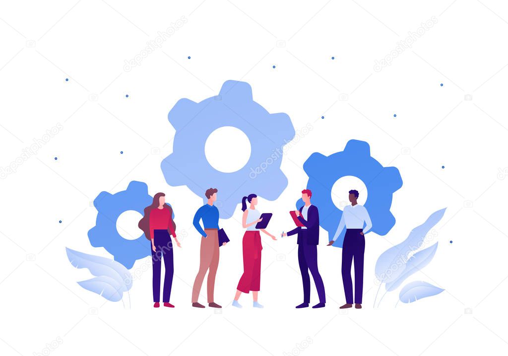 Business teamwork brainstorm concept. Vector flat person illustration. Group of people of different ethnic work togerther with gear wheel cooperation sign. Design element for banner, background.