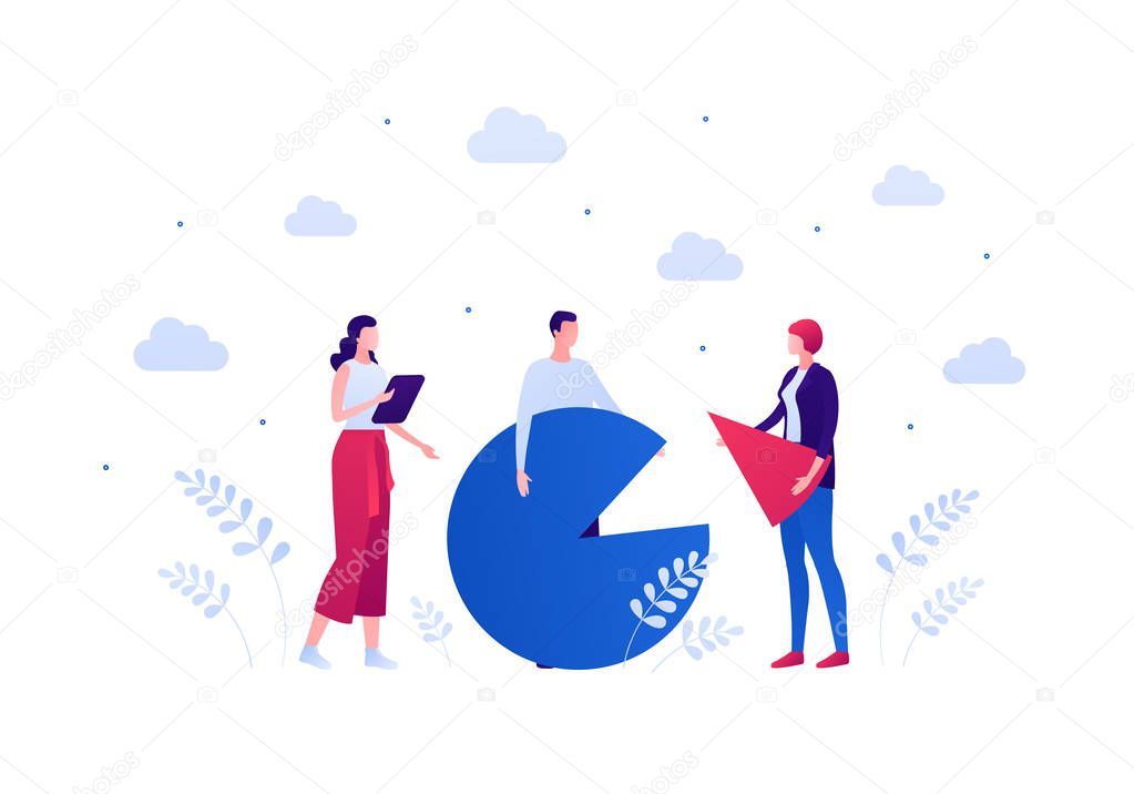 Business finance teamwork concept. Vector flat person illustration. Group of employee people with female holding pie chart piece isolated on white. Design element for banner, background.