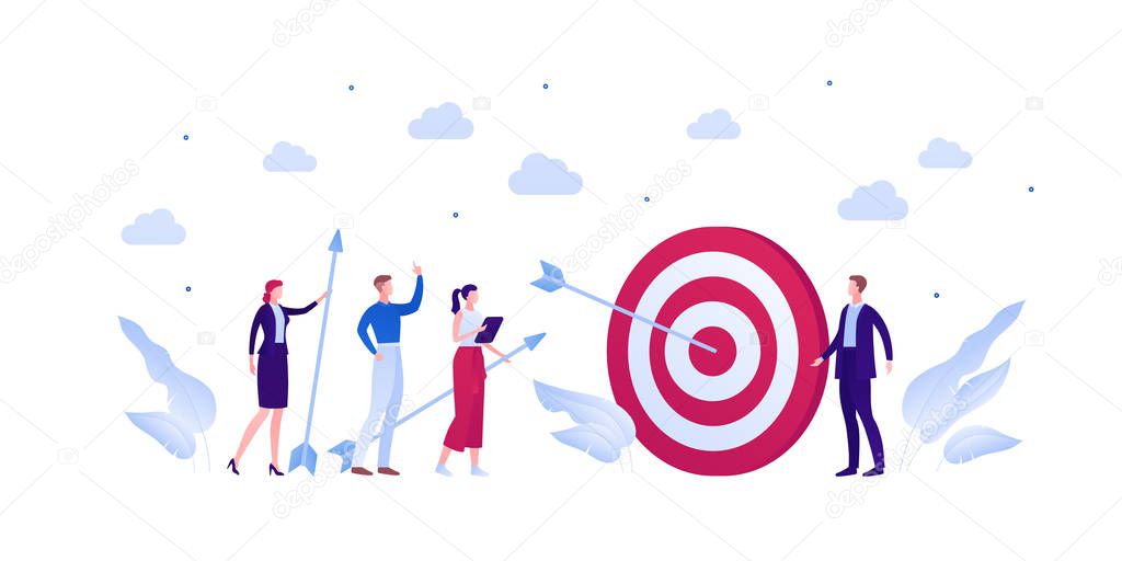 Business teamwork success concept. Vector flat person illustration. Group of businessman and woman in suit hit target with arrow isolated on white. Design element for banner, background, infographic.