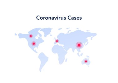 Coronavirus, dünya haritasını inceler. Vektör düz çizim. Beyaz arka planda salgın olduğu bilinen yerde kırmızı nokta. Pankart, poster, makale için tasarım ögesi.