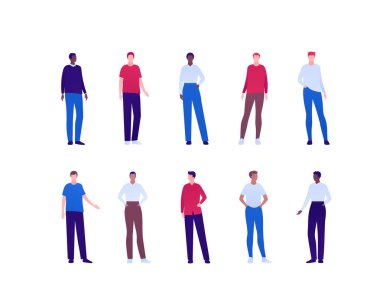 Sıradan erkek moda konsepti. Vektör düz kişi illüstrasyon seti. Farklı etnik kökenlere sahip insanlar beyazlar üzerinde izole edilmiş. Pankart için tasarım ögesi, infografik poster, web arkaplanı