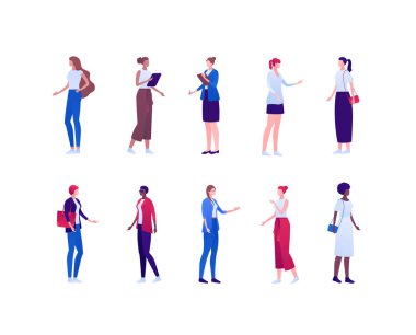 İş ve sıradan moda kadınları konsepti. Vektör düz kişi illüstrasyon seti. Beyazın üzerinde duran farklı etnik kökenli kadınlar. Pankart için tasarım ögesi, infografik poster, web arkaplanı