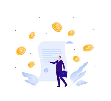 Business contract and success concept. Vector flat person illustration. Businessman in suit with suitcase with paper and money fall sign. Design element for banner, poster, web background, infographic clipart
