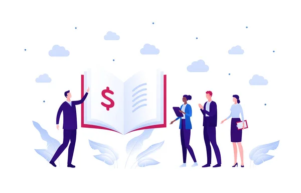 Business education and success concept. Vector flat person illustration. Businessman with ethnic audience with open book and money sign. Design element for banner, poster, web background, infographic — 스톡 벡터