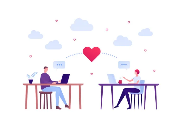 Love relatioship concept. Vector flat person modern illustration. Couple of male and female sitting at table with laptop, talk bubble and heart shape. Design element for valentine holiday banner. — Stock Vector