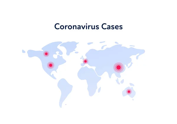 Coronavirus cases infographic world map. Vector flat illustration. Red dot on known location of pandemic outbreak on white background. Design element for banner, poster, article. — 스톡 벡터