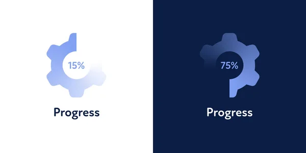 Ensemble de bannière de barre de progression de roue dentée. Illustration vectorielle plate. Roue dentée à dégradé bleu avec pourcentage de texte en noir et blanc. Élément de conception pour site web en construction, chargeur d'applications . — Image vectorielle