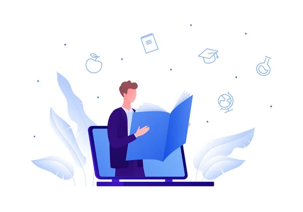 Business online education and success concept. Vector flat person illustration. Businessman with open book standing in laptop screen. Design element for banner, poster, web background, infographic — 스톡 벡터