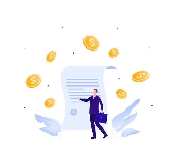 Business contract and success concept. Vector flat person illustration. Businessman in suit with suitcase with paper and money fall sign. Design element for banner, poster, web background, infographic — 图库矢量图片