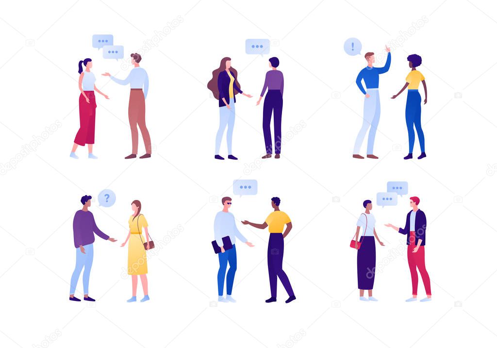 Casual people fashion concept. Vector flat person illustration set. Group of character discussion with talk bubble symbol. Diverse ethnic. Design element for banner, infographic poster, web background