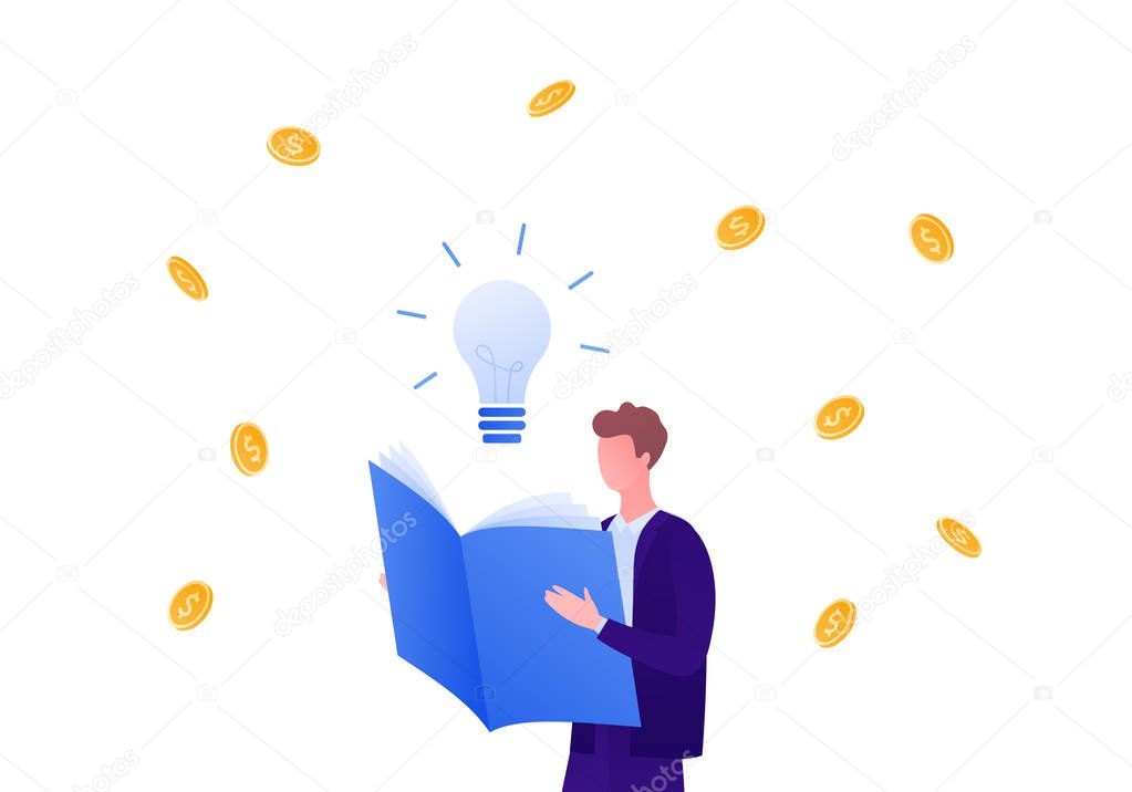 Business education and success concept. Vector flat person illustration. Businessman with open book standing in money rain with idea light bulb sign. Design element for banner, background, infographic
