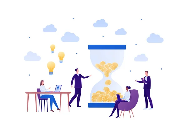 Business teamwork brainstorm concept. Vector flat person illustration. Group of working people with laptop, light bulb idea sign and hourglass of coin. Design element for banner poster, background. — 스톡 벡터