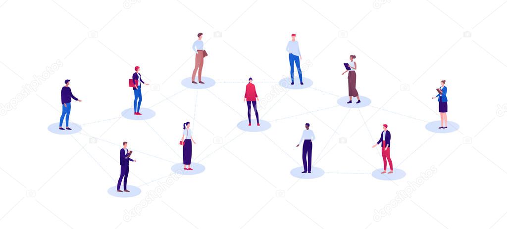 Business global network and social media concept. Vector flat person illustration. People of different ethnics connected by chain. Design element for banner, poster, background.