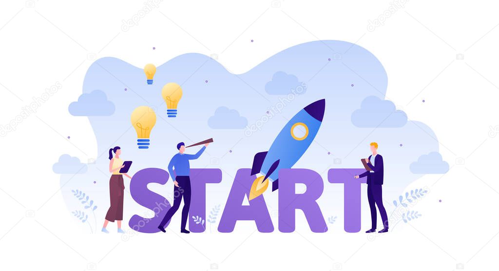 Business startup concept. Vector flat person illustration. Group of male and female employee holding spyglass and tablet. Idea sign, rocket and start text. Design element for banner, background
