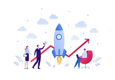 İş kurma konsepti. Vektör düz insan çizimi. Hoparlör, dizüstü bilgisayar ve tablet tutan bir grup erkek ve kadın işadamı. Roket ve hat çizelgesi. Pankart ve arkaplan için tasarım ögesi