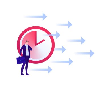 İş için çok çalışma konsepti. Vektör düz insan illüstrasyonu. Takım elbiseli, evrak çantalı bir iş adamı izleme saati. Saat ve ok işareti. Pankart, poster, arkaplan için tasarım ögesi