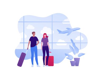 Havayolları konseptiyle dünyayı dolaşmak. Vektör düz insan çizimi. Havaalanı koridorunda turist çantalı aile çifti. Uçak işareti. Pankart, arkaplan, çizim, sanat için tasarım ögesi.