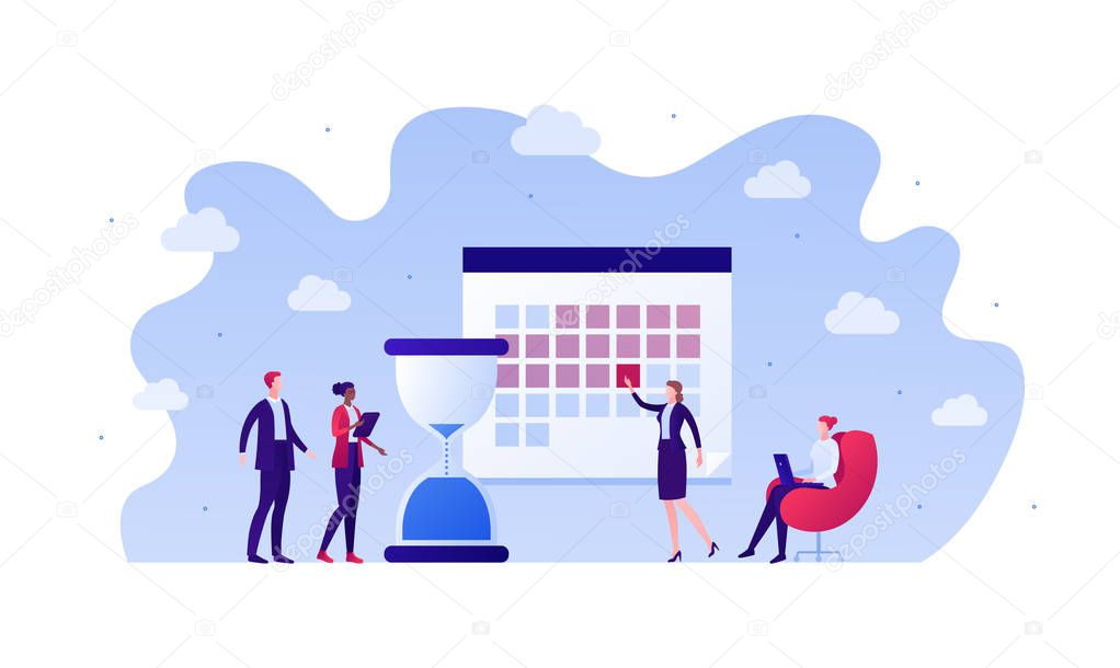 Business deadline overworking concept. Vector flat person illustration. Businesswoman show calendar to corporate employee. Hourglass and plan sign. Design element for banner, poster, background