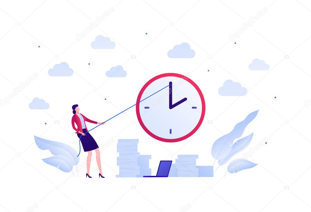 Business deadline overworking concept. Vector flat people illustration. Corporate woman stop time. Laptop and clock sign. Design element for banner, poster, background