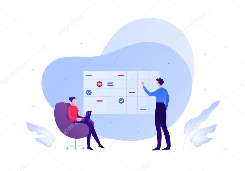 Business team planning schedule and task management concept. Vector flat people illustration. Man showing calendar and woman in chair with laptop. Design element for banner, poster, background.