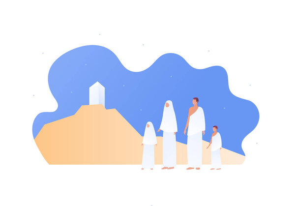 Islamic hajj piligrimage concept. Vector flat person illustration. Man and woman with kids in pilgrim cloth near Arafat mountain. Design element for banner, poster, clip art, web, tourism guide.