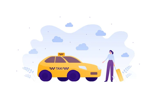 Концепція Послуги Таксі Векторні Плоскі Ілюстрації Людини Жовтий Автомобіль Таксі — стоковий вектор
