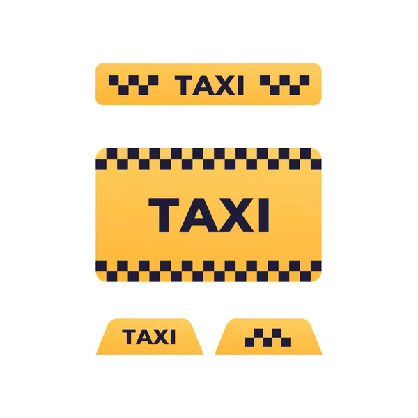 タクシーサービスのコンセプト ベクトルフラットイラストセット 看板やテキストのコレクション バナー ポスター ウェブ オンラインアプリケーション用のデザイン要素 — ストックベクタ