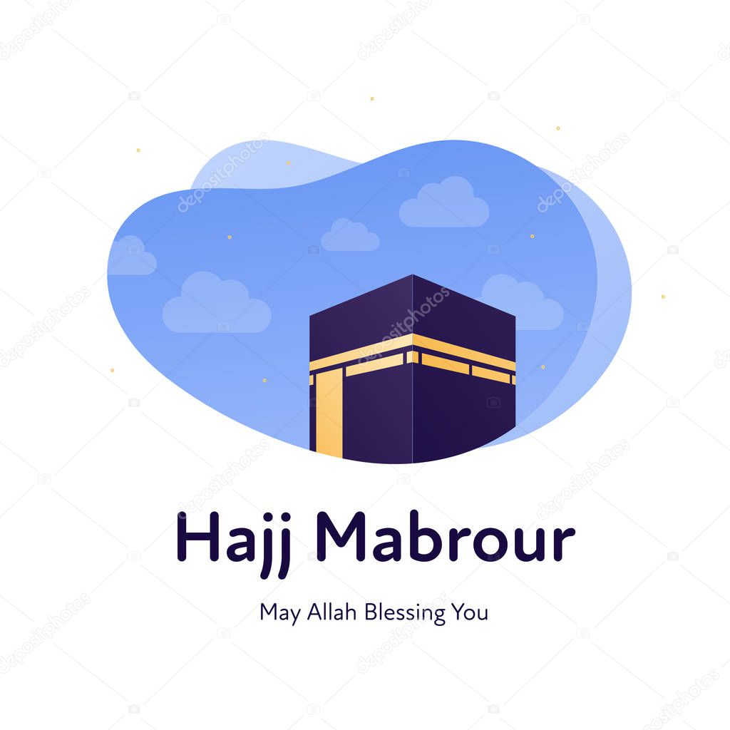 Islamic piligrimage concept banner. Vector flat illustration. Hajj mabrour typography means 