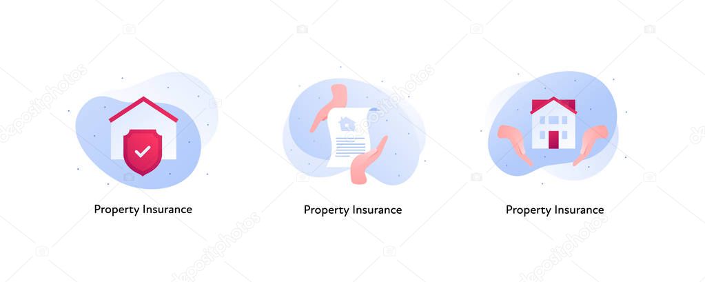 Insurance color icon collection. Home and property protection concept. Vector flat Illustration set. House and red shield, paper document and hands holding building. Design element for banner, web, ui