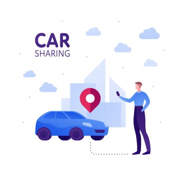 Araba paylaşım konsepti. Vektör düz insan çizimi. Mavi kiralık araba ve şehrin arka planında gübre tutan adam. Kırmızı harita iğnesi. Pankart, poster, ui, web için tasarım ögesi.