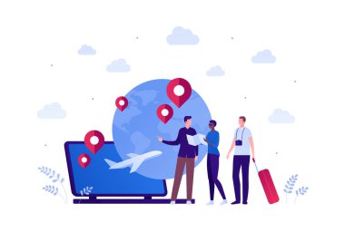 Uçak konseptiyle dünyayı dolaşmak. Vektör düz insan çizimi. Bagajı, kamerası ve haritası olan çok ırklı bir grup insan. Laptop, uçak ve pim işareti. Pankart, arkaplan, çizim için tasarım ögesi.