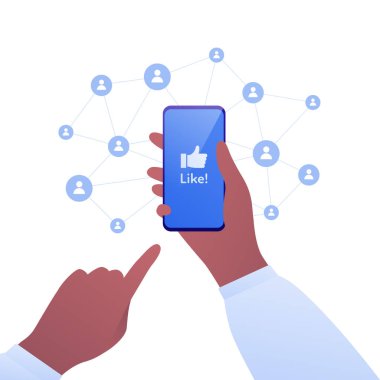 Akıllı telefon kullanımı konsepti. Vektör düz çizim. İnsan eli cep telefonu. Sosyal medya ağı beyaz ekrandaki başparmak işareti gibi. Pankart, poster, ui, web, sunum için tasarım ögesi.