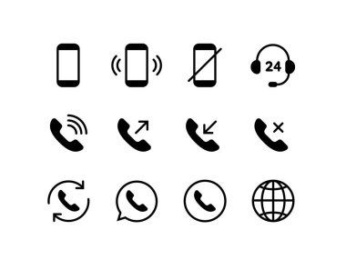 İletişim konsepti. Vektör düz çizim simgesi çizimi. Beyaz arka planda siyah izole edilmiş. Telefon sinyali var. Müşteri sevice ve web, logo, ui için tasarım ögesi koleksiyonu.