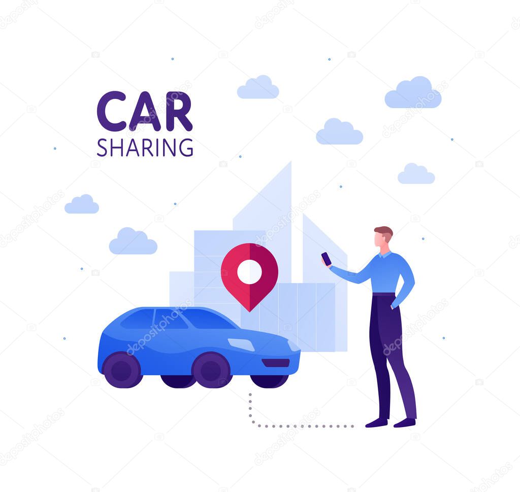 Car sharing concept. Vector flat person illustration. Blue rent car and man holding pnone on cityscape background. Red map pin. Design element for banner, poster, ui, web.