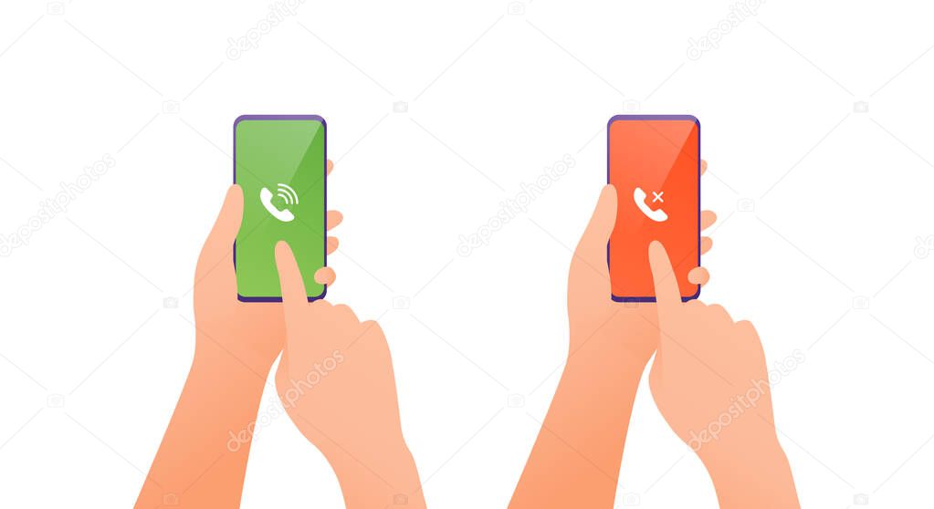 Smart phone use concept. Vector flat illustration. Human hand holding cellphone. Accept and reject call symbol on screen isolated on white. Design element for banner, poster, ui, web, presentation.