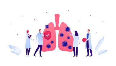 Coronavirus salgını ve virüs enfeksiyonu konsepti. Vektör düz insan çizimi. Erkek ve kadın doktor ekibi akciğer enfeksiyonu üzerinde çalışıyor. Kırmızı kalkan koruma işareti. Tıp bilgisi için tasarım.