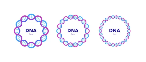 遺伝子抽象概念 ベクトルカラーフラットイラスト Dnaヘリックスのサークルフレームバナーのセットと白に隔離されたコピースペース ブルーピンクのグラデーション遺伝子科学 医学広告のためのデザイン — ストックベクタ