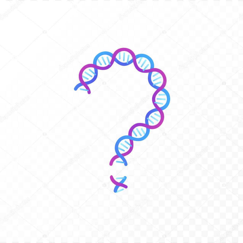 Genetic abstract concept. Vector color flat illustration. Question mark symbol of DNA helix sign isolated on transparent background. Design element for gene science, healthcare medicine advertisement.
