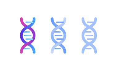 Genetik soyut kavram. Vektör rengi düz çizim. Beyaz arka planda izole edilmiş DNA sarmal işaretleri. Mavi pembe gradyan. Gen bilimi, sağlık ve tıp reklamları için tasarım elementi.
